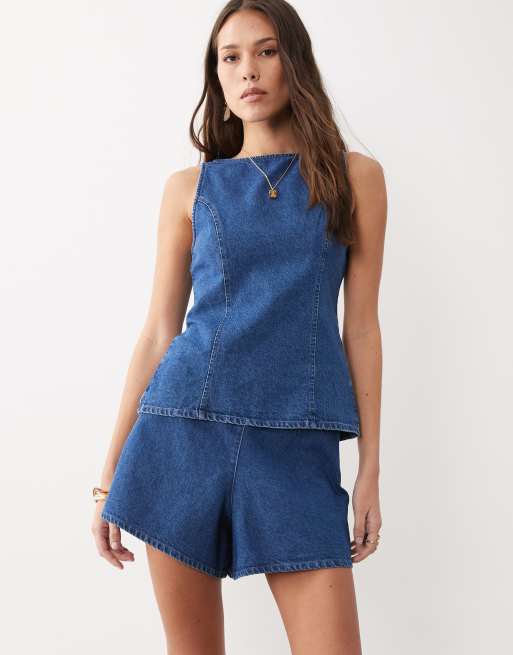 ASOS DESIGN – Niebieski jeansowy zestaw: trapezowe szorty i top wiązany z tyłu, 3 z 3
