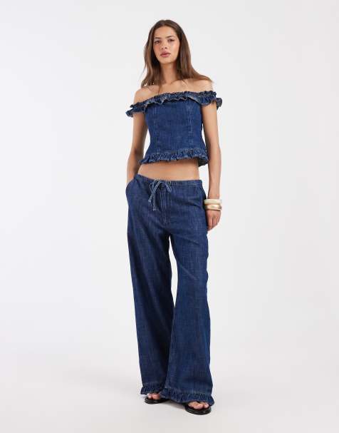 ASOS DESIGN – Niebieskie wciągane jeansy z falbanką, część zestawu - view 1