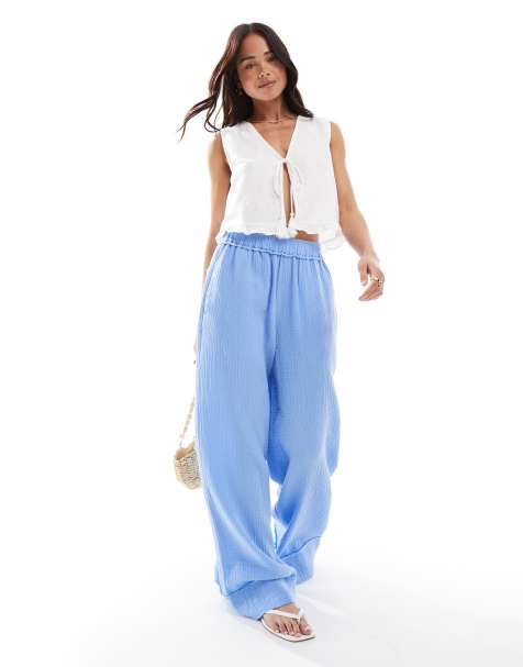 ASOS DESIGN cheesecloth pull on trousers with raw edge detail in blue