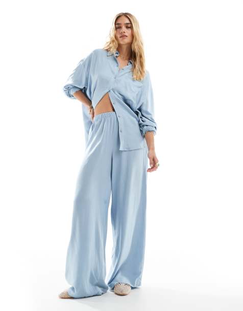 ASOS DESIGN linen blend pull on trouser in blue