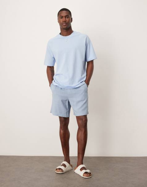 ASOS DESIGN baggy pull on shorts in blue linen rich