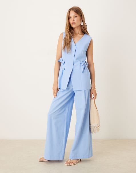 ASOS DESIGN linen blend tie waist trouser co ord in blue