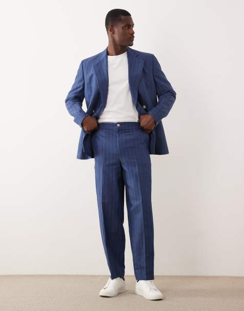 ASOS DESIGN – Niebieskie, zwężane spodnie garniturowe oversize z mieszanki lnu, w paski - view 1