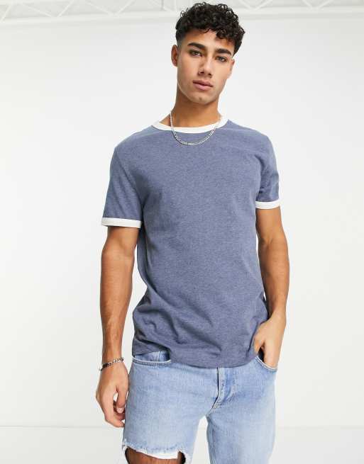 ASOS DESIGN – Niebiesko-biały T-shirt typu ringer z kontrastowymi wykończeniami