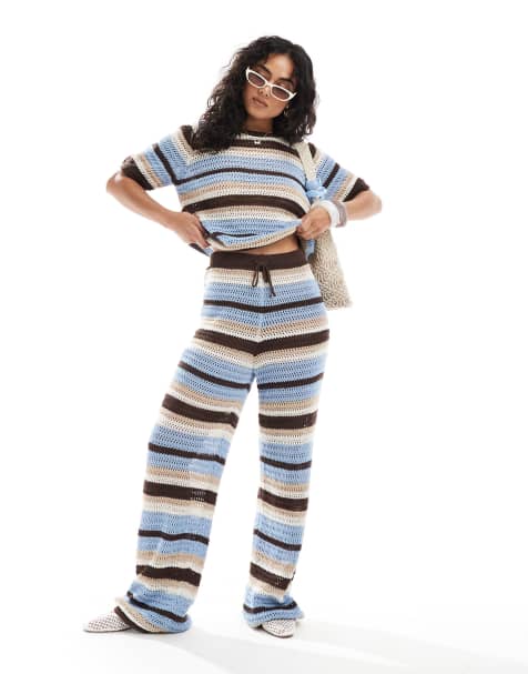 ASOS DESIGN crochet knit wide leg trouser co-ord in blue and brown stripe