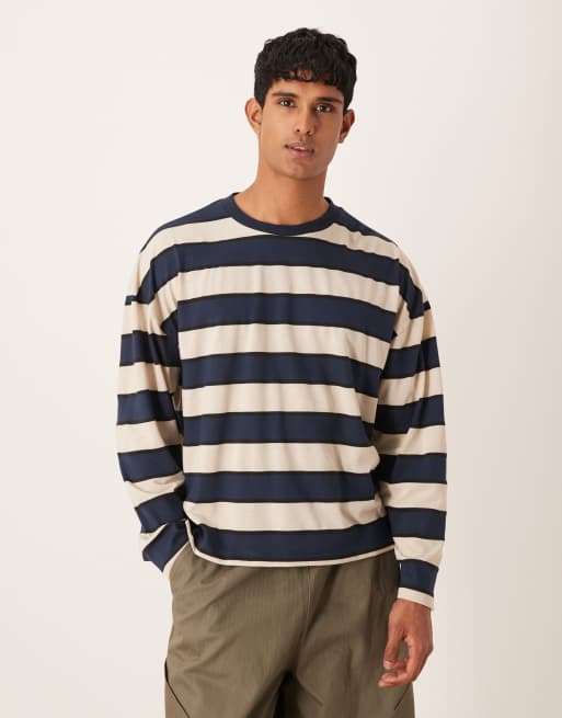 ASOS DESIGN – Niebiesko-brązowy pudełkowy T-shirt oversize z długimi rękawami i obniżoną linią ramion we wzór w paski