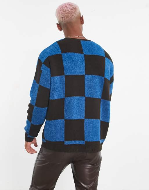 ASOS DESIGN – Niebiesko-brązowy sweter z dzianiny we wzór w dużą kratę, 2 z 4