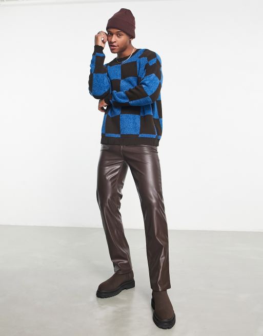 ASOS DESIGN – Niebiesko-brązowy sweter z dzianiny we wzór w dużą kratę, 3 z 4