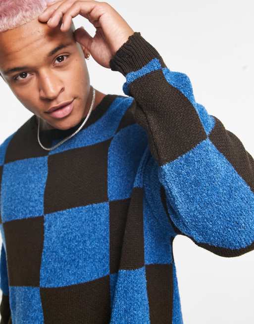 ASOS DESIGN – Niebiesko-brązowy sweter z dzianiny we wzór w dużą kratę, 4 z 4