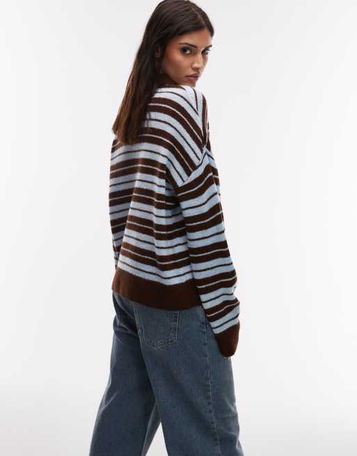 ASOS DESIGN – Niebiesko-brązowy top w stylu rugby z puszystej dzianiny w paski, 3 z 4