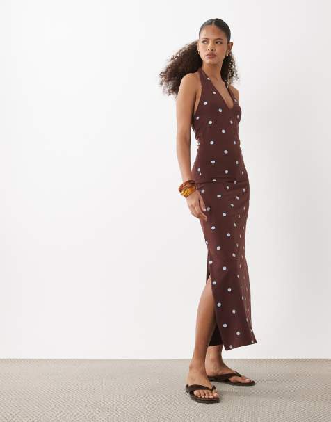 ASOS DESIGN – Niebiesko-czekoladowa sukienka midi w groszki z dekoltem typu halter w szpic - view 1