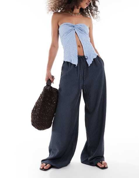 ASOS DESIGN wide leg trousers in blue and grey stripe