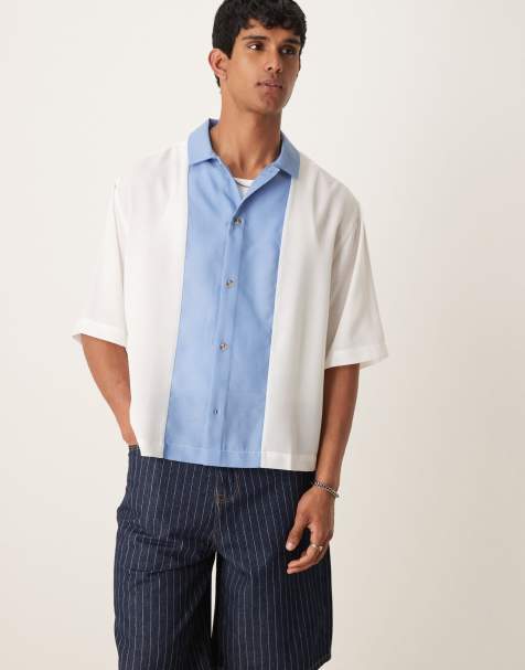 ASOS DESIGN boxy overhead oversized shirt in blue and stone cut and sew