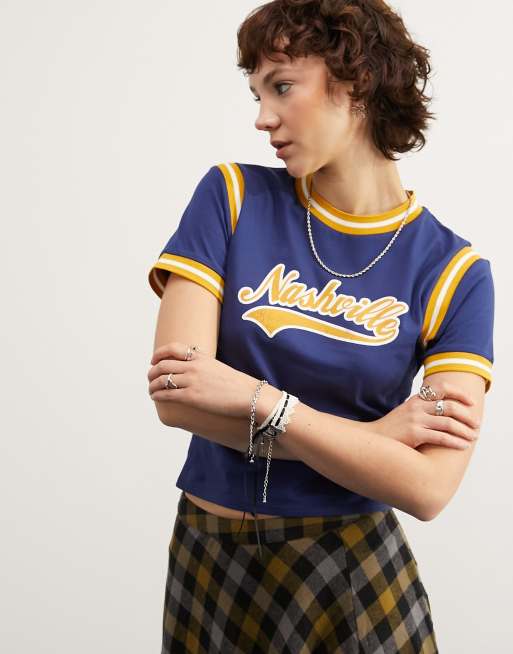 ASOS DESIGN – Niebiesko-żółty przylegający T-shirt z grafiką z napisem „Nashville”