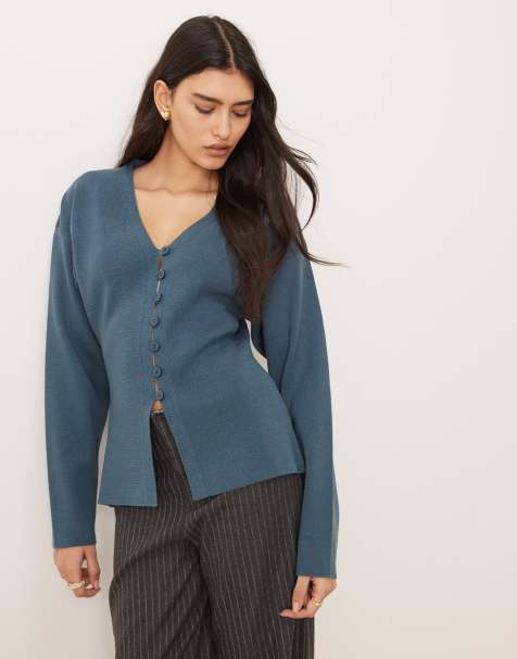 ASOS DESIGN structured v neck cardigan with button detail in petrol blue