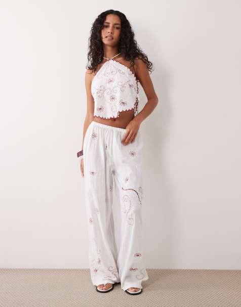 ASOS DESIGN – Nienna Beach – Bestickte Hose in Weiß - view 1