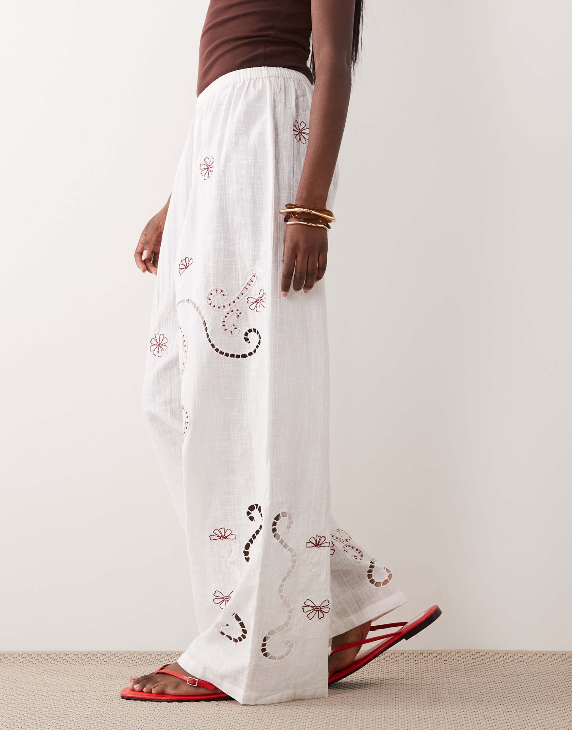 asos design nienna beach embroidered pants in white