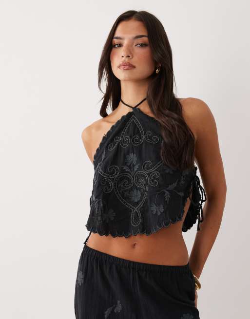 ASOS DESIGN - Nienna - Geborduurde strandtop met halternek in zwart, 3 van 4