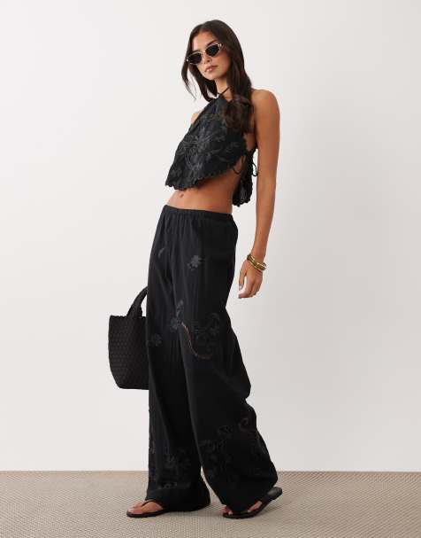 ASOS DESIGN - Nienna - Sorte broderede strandbukser - view 1