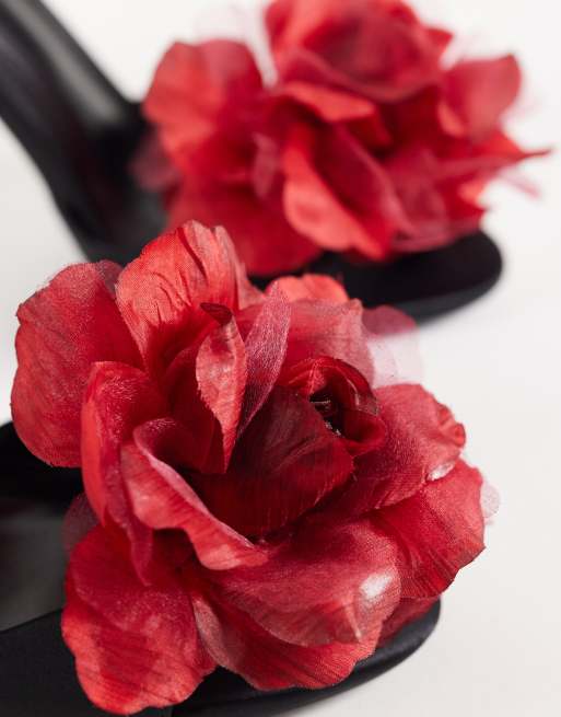 ASOS DESIGN Nigella oversized flower detail tie leg high heel sandals in black and red, 2 of 5