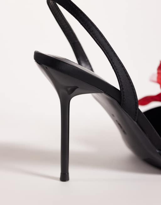 ASOS DESIGN Nigella oversized flower detail tie leg high heel sandals in black and red, 3 of 5