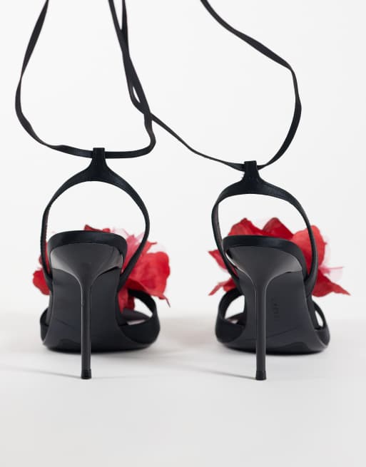 ASOS DESIGN Nigella oversized flower detail tie leg high heel sandals in black and red, 4 of 5