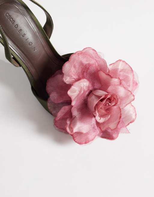ASOS DESIGN Nigella oversized flower detailing tie leg high heel sandals in olive and pink, 2 of 4