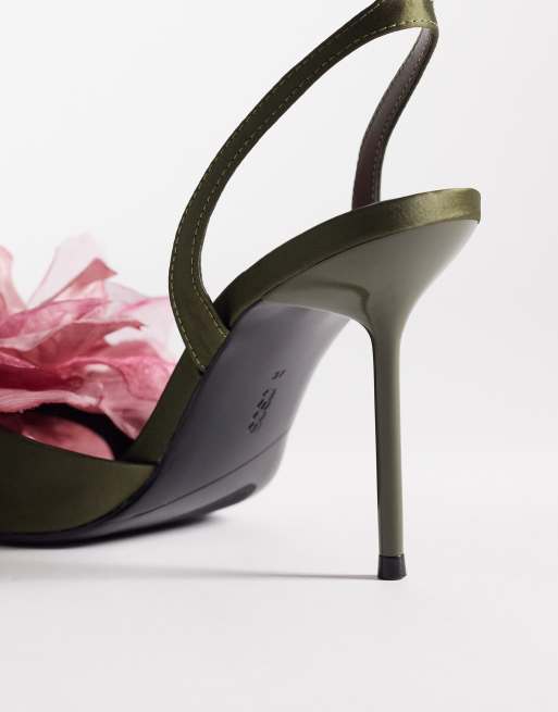 ASOS DESIGN Nigella oversized flower detailing tie leg high heel sandals in olive and pink, 3 of 4