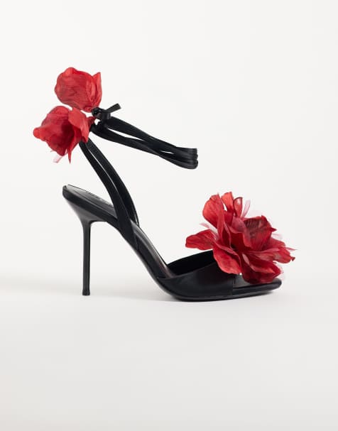 ASOS DESIGN Nigella sandaler med stor blomdetalj, knytning runt benet och hög klack i svart och rött - view 1