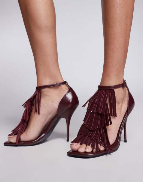 ASOS DESIGN - Night Shade - Sandales en cuir de qualité supérieure à talon et franges - Bordeaux - view 1