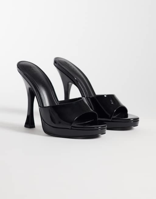 ASOS DESIGN Nightfall platform heeled mules in black patent, 2 of 5