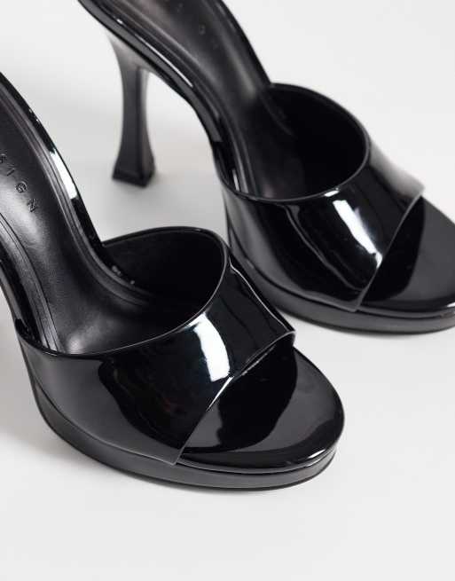 ASOS DESIGN Nightfall platform heeled mules in black patent, 3 of 5