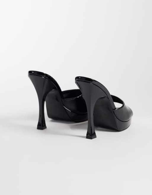 ASOS DESIGN Nightfall platform heeled mules in black patent, 4 of 5