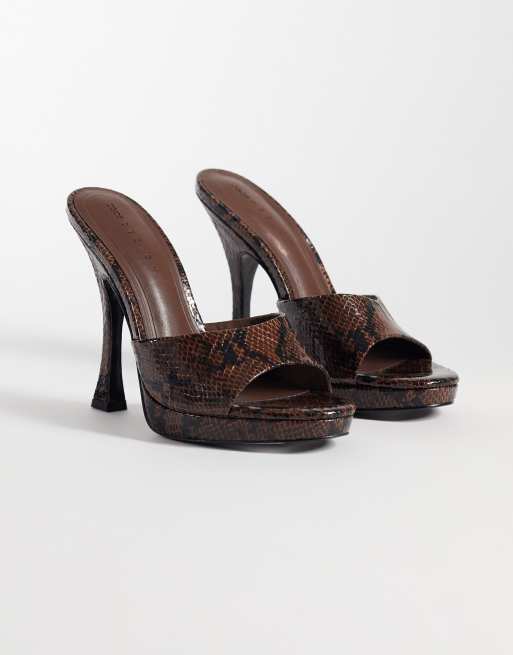 ASOS DESIGN Nightfall platform heeled mules in brown snake, 2 of 5