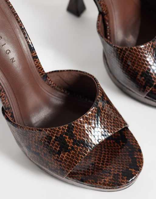 ASOS DESIGN Nightfall platform heeled mules in brown snake, 3 of 5