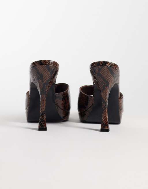 ASOS DESIGN Nightfall platform heeled mules in brown snake, 4 of 5