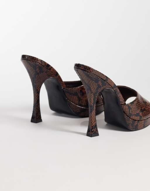 ASOS DESIGN Nightfall platform heeled mules in brown snake, 5 of 5