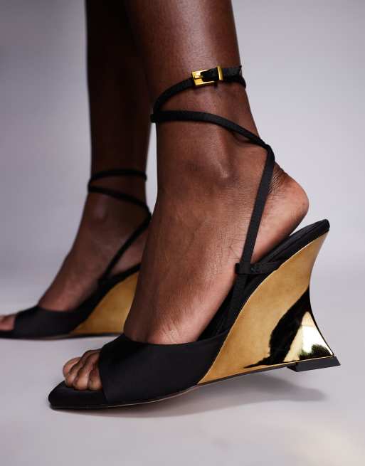 ASOS DESIGN Nightshade electroplated sculpted wedge sandals in black | ASOS