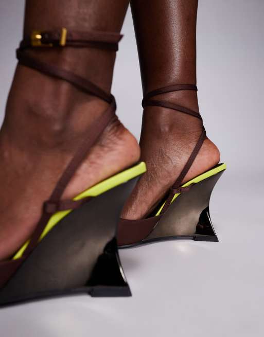 ASOS DESIGN Nightshade electroplated sculpted wedge sandals in brown and neon yellow