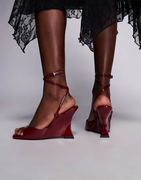 ASOS DESIGN Nightshade electroplated sculpted wedge sandals in dark red - view 1