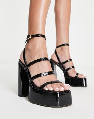 Asos Design Nighty Triple Strap Platform Heeled Sandals In Black