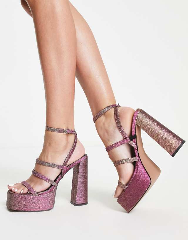 ASOS DESIGN Nighty triple strap platform heeled sandals in gold and pink shimmer