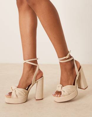 Asos Design Nikita Knotted Platform Heeled Sandals In Neutral