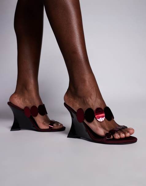 ASOS DESIGN Nila circle trim detail high wedges in burgundy - view 1