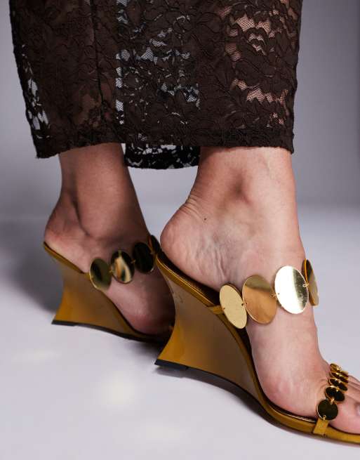 ASOS DESIGN Nila circle trim detail high wedges in ochre, 2 of 4