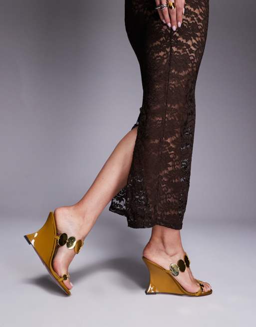 ASOS DESIGN Nila circle trim detail high wedges in ochre, 4 of 4