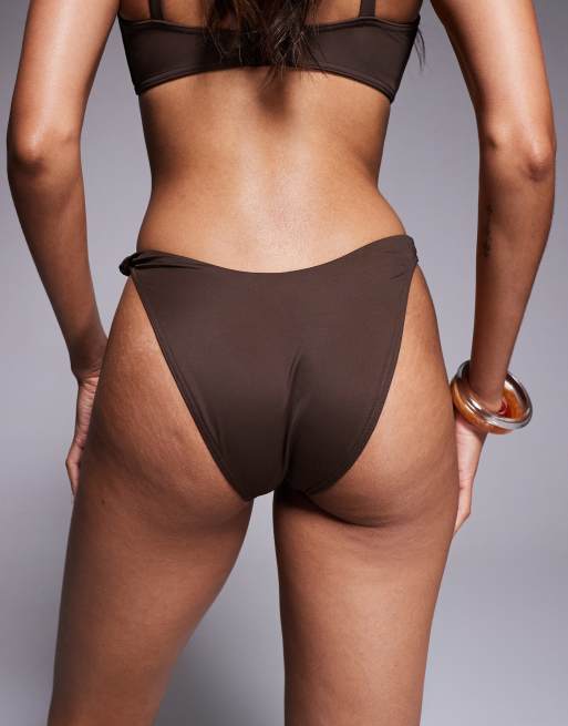 ASOS DESIGN Nina knot high leg bikini bottom in chocolate brown, 4 of 4
