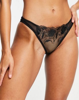 ASOS DESIGN Nina sheer floral lace brazilian brief with picot trim in black