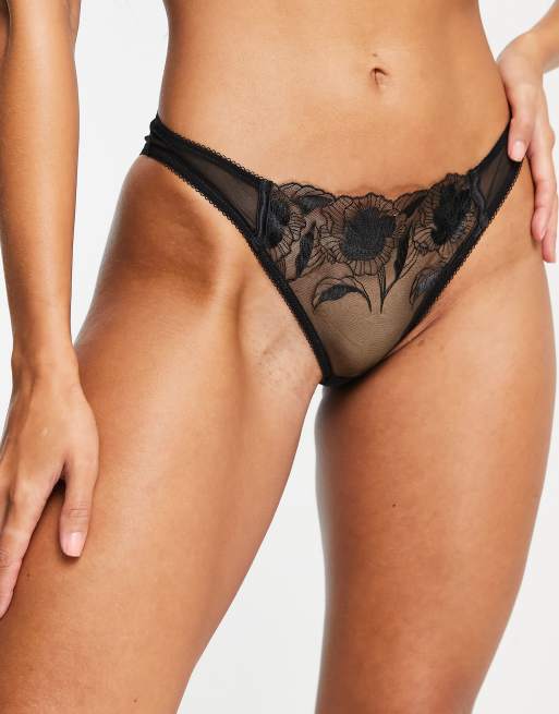 ASOS DESIGN Nina sheer floral lace brazilian brief with picot trim in black