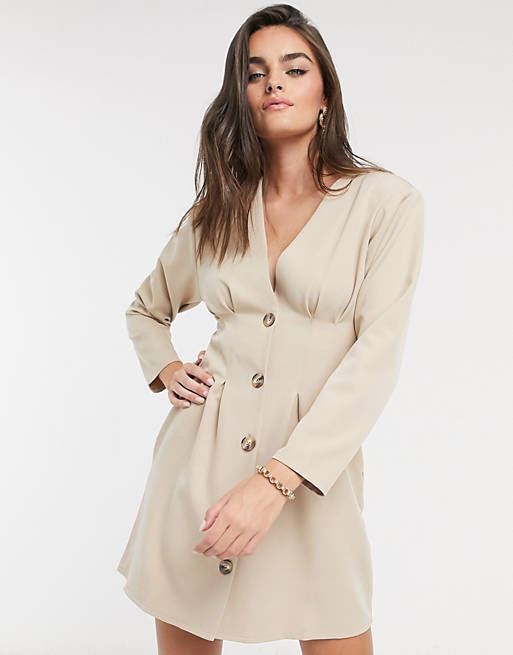  nipped in waist dropped shoulder button through mini dress in soft camel 